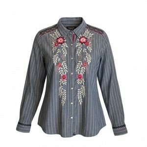 Johnny Was Workshop Striped Embroidered Floral Button Down Shirt Women Size M